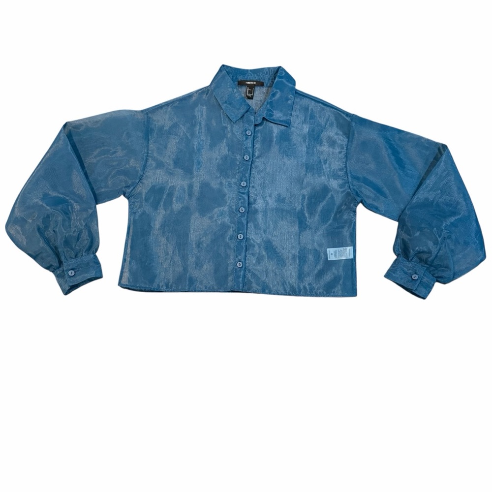 Forever 21‎ Sheer Shimmer Button Front Blouse – Size S – Teal Organza